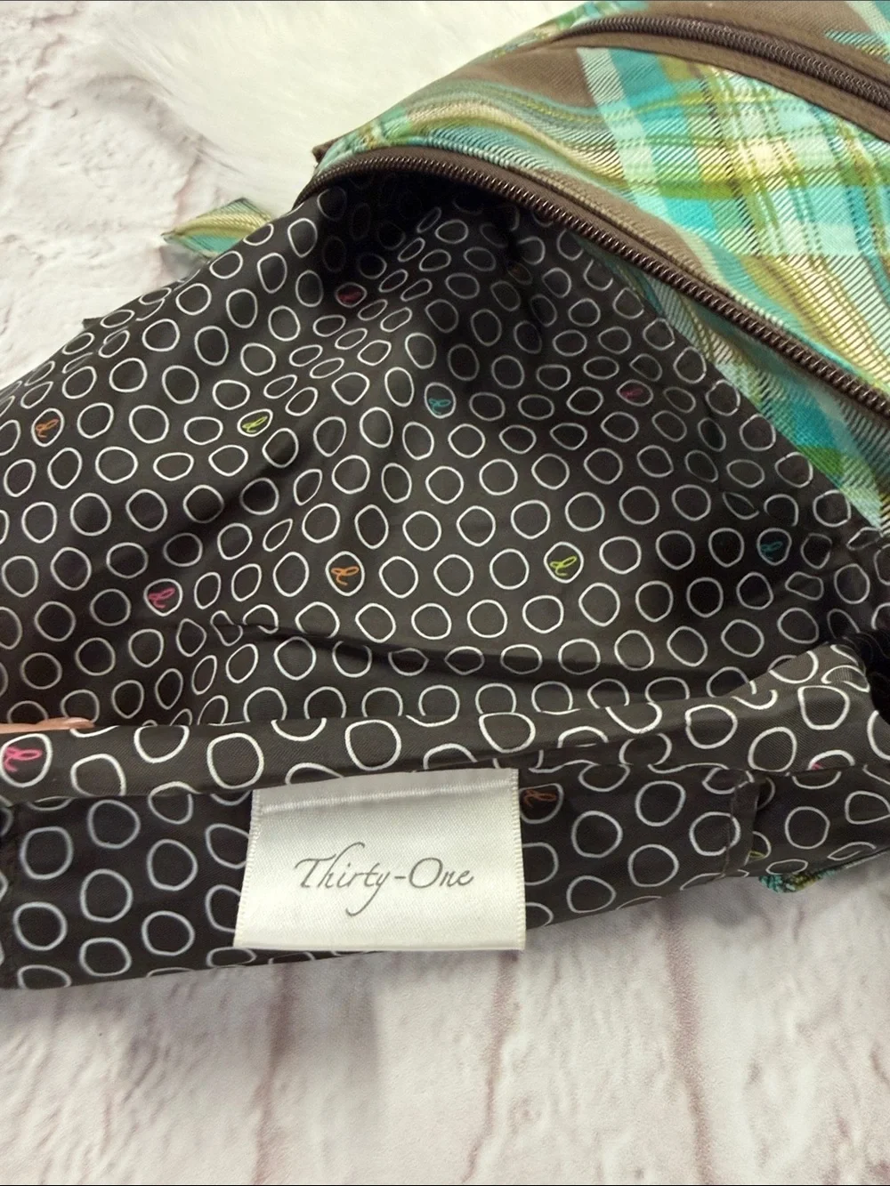 Thirty-one Brown Plaid Crossbody with Teal and Brown Accents